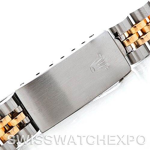 This image shows the clasp and part of the bracelet of a Rolex Datejust 69173 Women's Stainless Steel Black Dial 69173 Women's Stainless Steel Black Dial watch, emphasizing the two-tone metal finish.