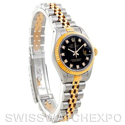 This image shows a side angle of a Rolex Datejust 69173 Women's Stainless Steel Black Dial 69173 Women's Stainless Steel Black Dial watch, highlighting its two-tone bracelet and black dial with diamond hour markers.