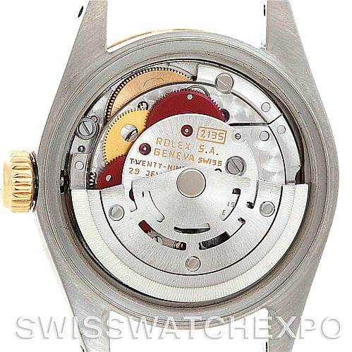 This image shows the movement and inner workings of a Rolex Datejust 69173 Women's Stainless Steel Black Dial 69173 Women's Stainless Steel Black Dial watch from a back view with the case back removed.