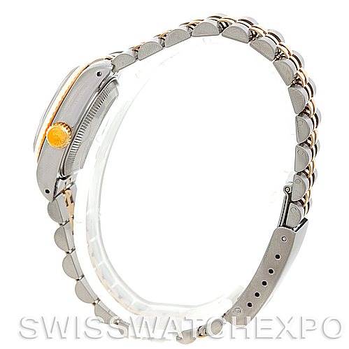 The image shows a side view of a Rolex Datejust 69173 Women's Stainless Steel Black Dial 69173 Women's Stainless Steel Black Dial watch, highlighting the crown and part of the bracelet.