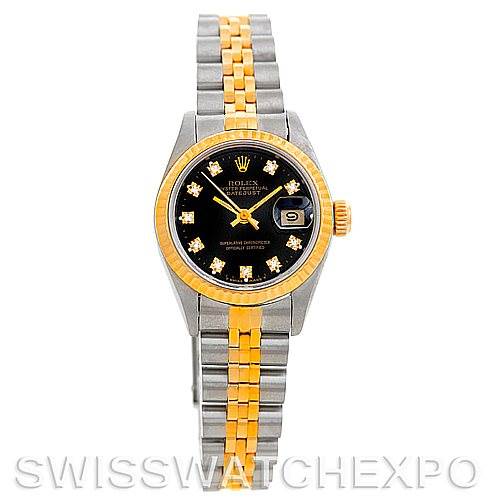 This image shows a Rolex Datejust 69173 Women's Stainless Steel Black Dial 69173 Women's Stainless Steel Black Dial watch, front view, highlighting its gold and silver band, black dial with diamond markers, and date window.