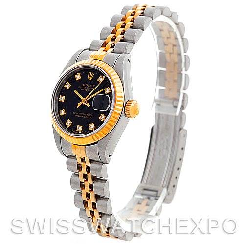This image shows a Rolex Datejust 69173 Women's Stainless Steel Black Dial 69173 Women's Stainless Steel Black Dial watch at a slight side angle, featuring its bezel, dial, crown, and bracelet.