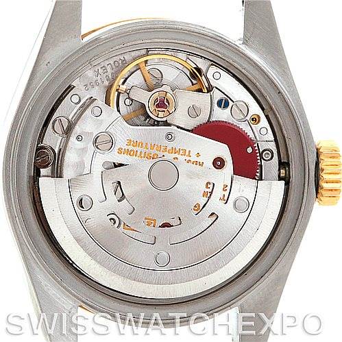 The image shows the internal movement mechanism of a Rolex Datejust 69173 Women's Stainless Steel Champagne Dial 69173 Women's Stainless Steel Champagne Dial watch from a back view.