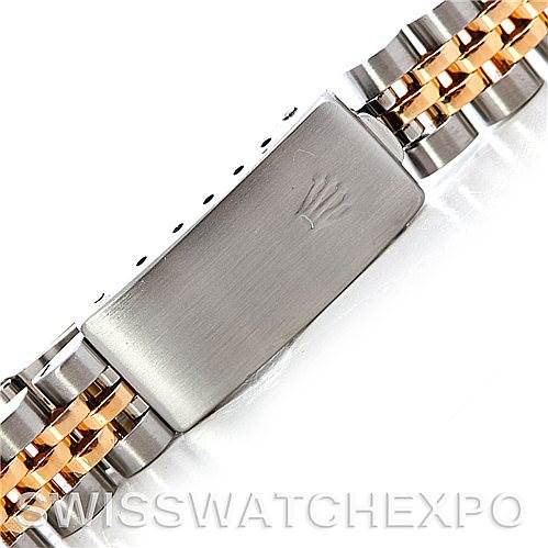 This image shows a close-up of the clasp and a portion of the bracelet of a Rolex Datejust 69173 Women's Stainless Steel Champagne Dial 69173 Women's Stainless Steel Champagne Dial watch.