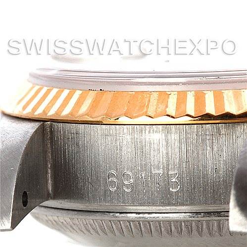 The image shows a close-up side view of the Rolex Datejust 69173 Women's Stainless Steel Champagne Dial 69173 Women's Stainless Steel Champagne Dial watch, focusing on the details of the bezel and the model number 69173.