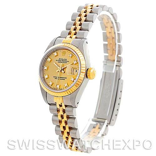 This image shows a Rolex Datejust 69173 Women's Stainless Steel Champagne Dial 69173 Women's Stainless Steel Champagne Dial watch at a three-quarter angle, highlighting the face, bezel, crown, and bracelet.