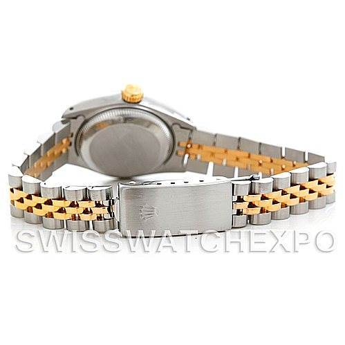 The image shows the back view of a Rolex Datejust 69173 Women's Stainless Steel Champagne Dial 69173 Women's Stainless Steel Champagne Dial watch, including the case back, clasp, and two-tone bracelet.