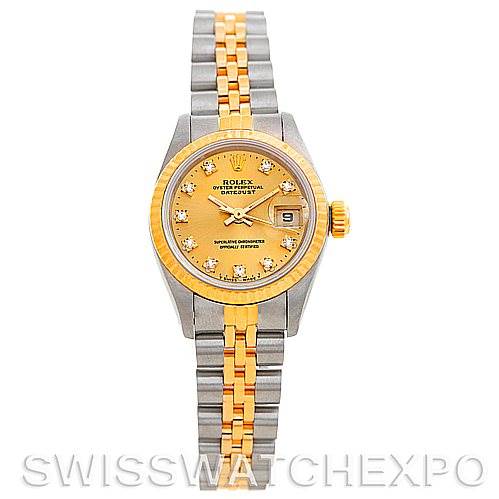 This image shows the front view of a Rolex Datejust 69173 Women's Stainless Steel Champagne Dial 69173 Women's Stainless Steel Champagne Dial watch, highlighting its two-tone bracelet, yellow gold bezel, and orange dial with diamond hour markers.