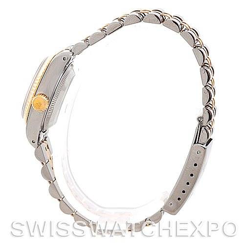 The Rolex Datejust 69173 Women's Stainless Steel Champagne Dial 69173 Women's Stainless Steel Champagne Dial watch is shown from the side, highlighting the band, case, and crown.