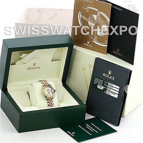 The image shows a Rolex Datejust 179173 Women's Steel and Gold (two tone) Beige Dial 179173 Women's Steel and Gold (two tone) Beige Dial watch in its open box, accompanied by instruction manuals and warranty cards.