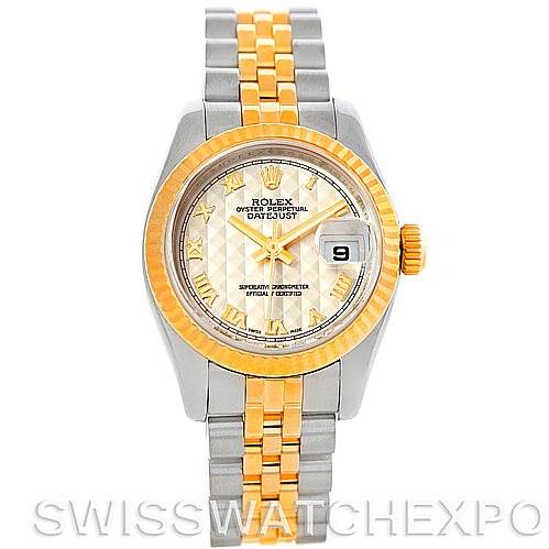 The image shows a frontal view of a Rolex Datejust 179173 Women's Steel and Gold (two tone) Beige Dial 179173 Women's Steel and Gold (two tone) Beige Dial watch, displaying its face, bracelet, and date window.