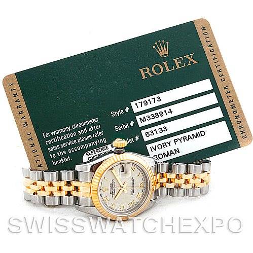 The image shows a Rolex Datejust 179173 Women's Steel and Gold (two tone) Beige Dial 179173 Women's Steel and Gold (two tone) Beige Dial model watch with a two-tone bracelet, accompanied by its certification card.