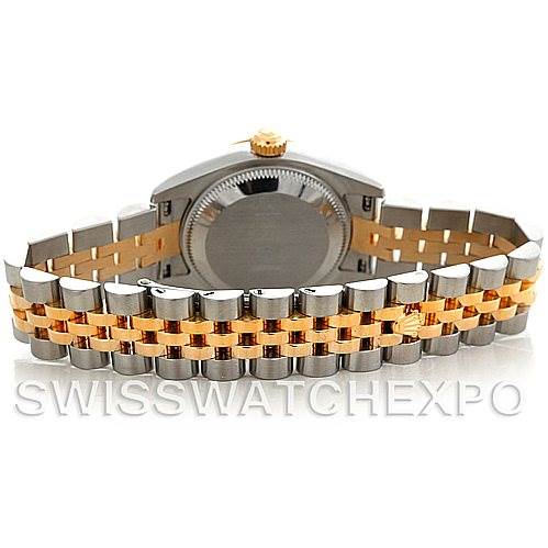 The image shows the back case and jubilee bracelet of a Rolex Datejust 179173 Women's Steel and Gold (two tone) Beige Dial 179173 Women's Steel and Gold (two tone) Beige Dial watch, viewed from the rear.