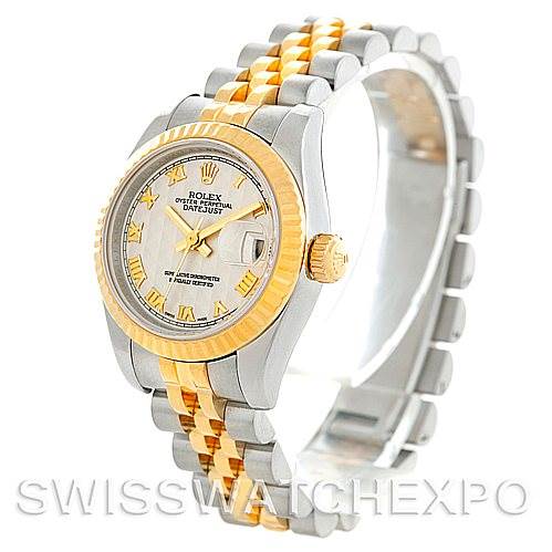 This image shows a side-angle view of a Rolex Datejust 179173 Women's Steel and Gold (two tone) Beige Dial 179173 Women's Steel and Gold (two tone) Beige Dial watch, featuring a two-tone gold and silver bracelet and bezel.