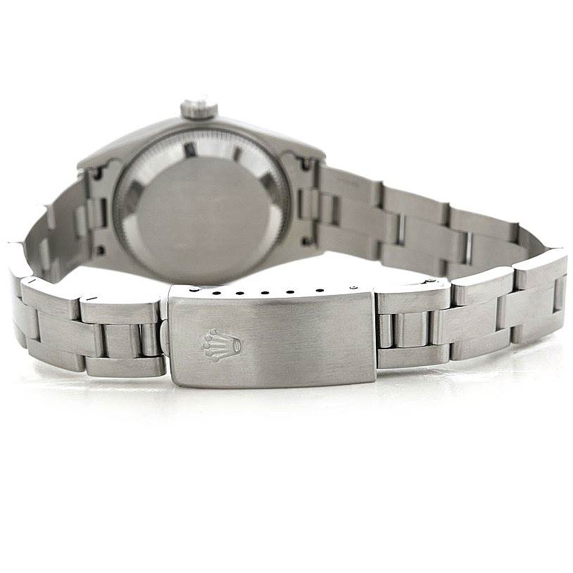 The image shows the back view of a Rolex Datejust 79160 Women
s Stainless Steel White Dial 79160 Women
s Stainless Steel White Dial watch, highlighting the case back and the clasp of the bracelet.
