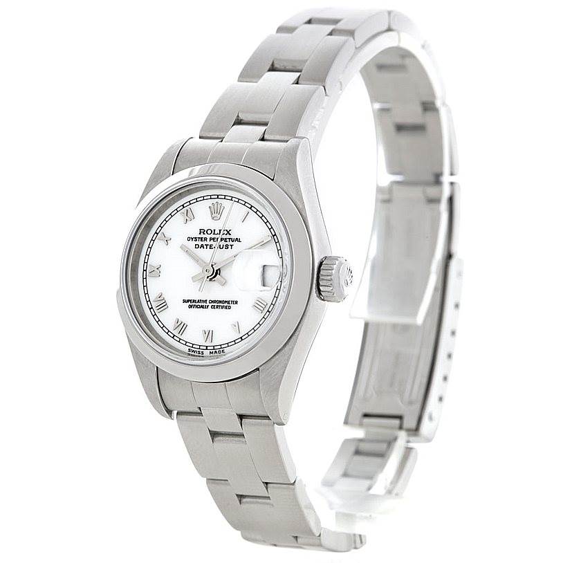This image shows a Rolex Datejust 79160 Women
s Stainless Steel White Dial 79160 Women
s Stainless Steel White Dial watch at a slight angle, highlighting the bracelet, dial, and crown.