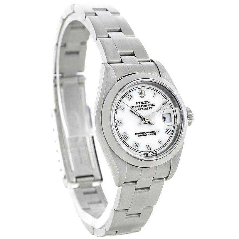 The image shows a Rolex Datejust 79160 Women
s Stainless Steel White Dial 79160 Women
s Stainless Steel White Dial watch from an angled side view, displaying its face, case, and partial bracelet.