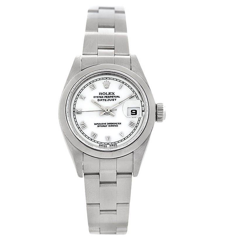 The image shows a frontal view of a Rolex Datejust 79160 Women
s Stainless Steel White Dial 79160 Women
s Stainless Steel White Dial watch, displaying the face, case, crown, and bracelet.