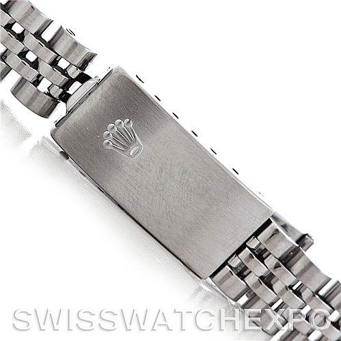 This image shows a close-up of the clasp on the bracelet of a Rolex Datejust 79174 Women's Stainless Steel Blue Dial 79174 Women's Stainless Steel Blue Dial watch.