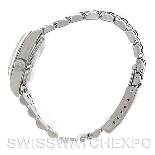 This side view shows the case, crown, and bracelet of a Rolex Datejust 79174 Women's Stainless Steel Blue Dial 79174 Women's Stainless Steel Blue Dial watch.