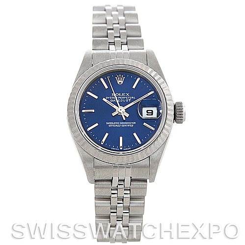 The image shows a front view of a Rolex Datejust 79174 Women's Stainless Steel Blue Dial 79174 Women's Stainless Steel Blue Dial watch featuring a blue dial, date window, and stainless steel bracelet.