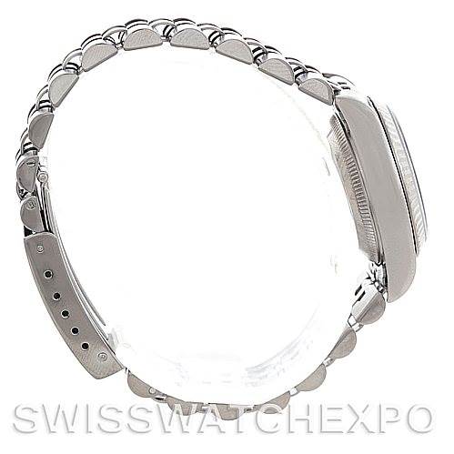 This image shows a side view of the Rolex Datejust 79174 Women's Stainless Steel Blue Dial 79174 Women's Stainless Steel Blue Dial watch, focusing on its bracelet and case profile.