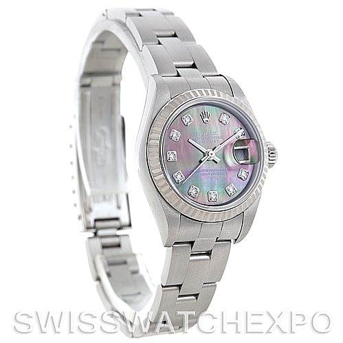 The image shows a Rolex Datejust 79174 Women's Stainless Steel Mother of Pearl Dial 79174 Women's Stainless Steel Mother of Pearl Dial watch at a three-quarter angle, highlighting its bracelet, case, and dial.