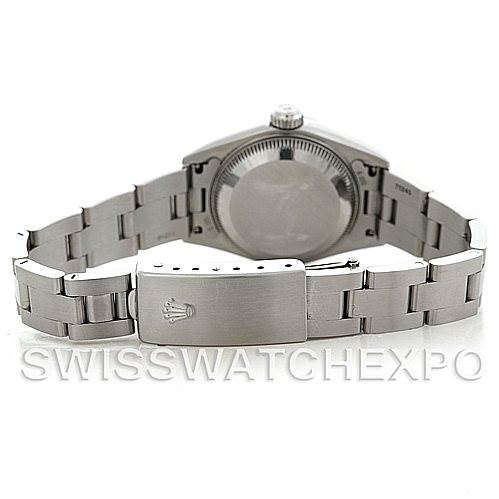 This image shows the case back and bracelet clasp of a Rolex Datejust 79174 Women's Stainless Steel Mother of Pearl Dial 79174 Women's Stainless Steel Mother of Pearl Dial watch from a rear angle.