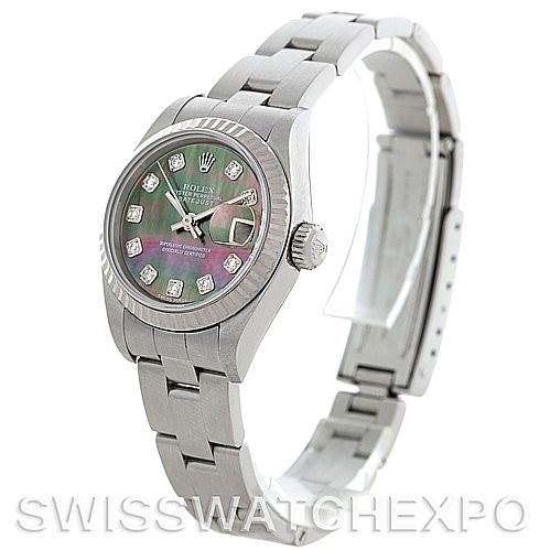 The image shows a Rolex Datejust 79174 Women's Stainless Steel Mother of Pearl Dial 79174 Women's Stainless Steel Mother of Pearl Dial watch at an angled side view highlighting the dial, bezel, bracelet, and clasp.