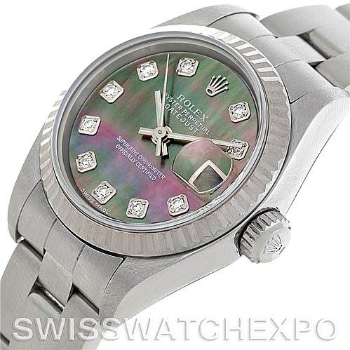 The image shows a partially angled view of a Rolex Datejust 79174 Women's Stainless Steel Mother of Pearl Dial 79174 Women's Stainless Steel Mother of Pearl Dial watch, emphasizing the dial, bezel, and bracelet.