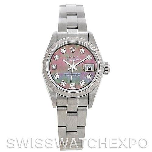 This is a front view of a Rolex Datejust 79174 Women's Stainless Steel Mother of Pearl Dial 79174 Women's Stainless Steel Mother of Pearl Dial model, showing the face, bezel, bracelet, and crown.