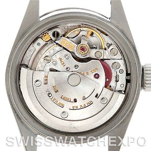 This image shows the back view of the Rolex Datejust 79174 Women's Stainless Steel White Dial 79174 Women's Stainless Steel White Dial model, focusing on its exposed movement and mechanical components.