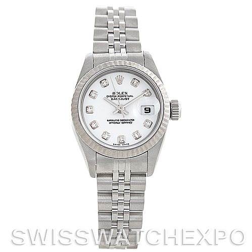 This image shows a frontal view of a Rolex Datejust 79174 Women's Stainless Steel White Dial 79174 Women's Stainless Steel White Dial watch, highlighting its dial, bezel, and bracelet.