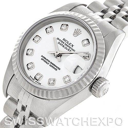 This image shows a Rolex Datejust 79174 Women's Stainless Steel White Dial 79174 Women's Stainless Steel White Dial watch from an angled top view, highlighting the dial, crown, and part of the bracelet.