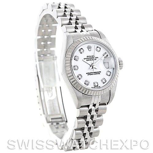 The image shows a Rolex Datejust 79174 Women's Stainless Steel White Dial 79174 Women's Stainless Steel White Dial watch at a slight angle, featuring the dial, bezel, and bracelet.