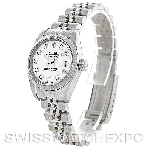 The image shows a Rolex Datejust 79174 Women's Stainless Steel White Dial 79174 Women's Stainless Steel White Dial watch from a three-quarter angle, highlighting the face, bezel, and Jubilee bracelet.