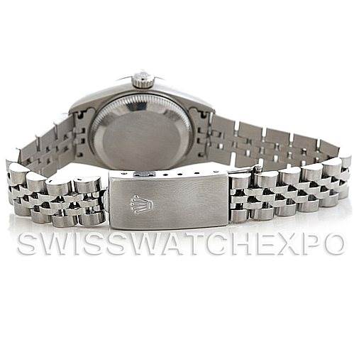This image shows the back view of a Rolex Datejust 79174 Women's Stainless Steel White Dial 79174 Women's Stainless Steel White Dial watch, highlighting the case back and Jubilee bracelet with the clasp.