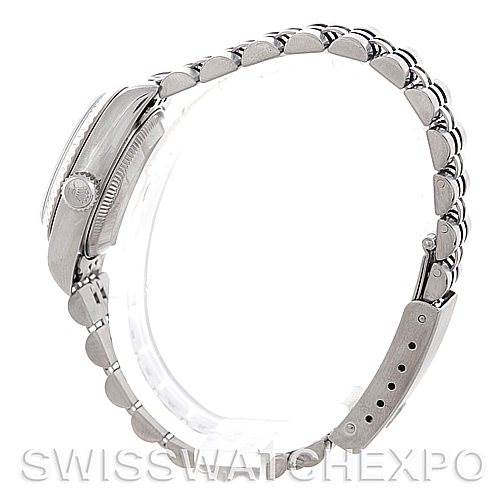 This image shows the side view of a Rolex Datejust 79174 Women's Stainless Steel White Dial 79174 Women's Stainless Steel White Dial watch, highlighting the crown, case, and bracelet.