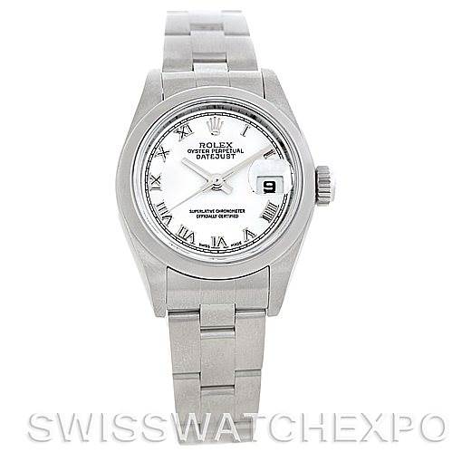 This image shows a frontal view of a Rolex Datejust 79160 Women's Stainless Steel White Dial 79160 Women's Stainless Steel White Dial watch, displaying its face, hands, bracelet, and date window.