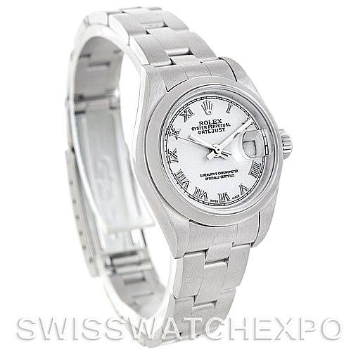 This image shows a Rolex Datejust 79160 Women's Stainless Steel White Dial 79160 Women's Stainless Steel White Dial watch at an angle that highlights the face, bezel, and bracelet.