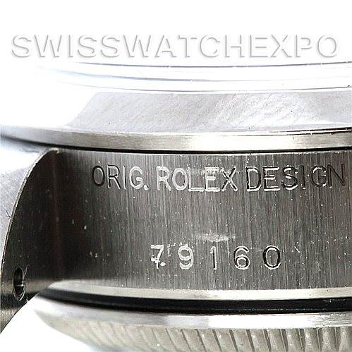 This close-up image shows the side of a Rolex Datejust 79160 Women's Stainless Steel White Dial 79160 Women's Stainless Steel White Dial watch, highlighting the engraved text "ORIG. ROLEX DESIGN 79160".