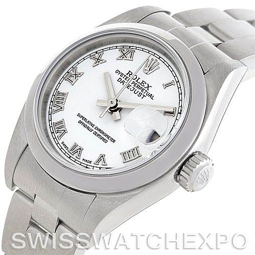 The image shows a Rolex Datejust 79160 Women's Stainless Steel White Dial 79160 Women's Stainless Steel White Dial watch at an angle displaying the dial, case, bezel, crown, and part of the bracelet.