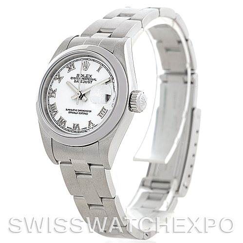This image shows the Rolex Datejust 79160 Women's Stainless Steel White Dial 79160 Women's Stainless Steel White Dial watch from a three-quarter angle, highlighting its bracelet, case, and face.