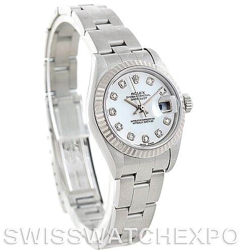 The image shows a Rolex Datejust 69174 Women
s Stainless Steel Mother of Pearl Dial 69174 Women
s Stainless Steel Mother of Pearl Dial watch at a slight angle, displaying the face, bracelet, and clasp.