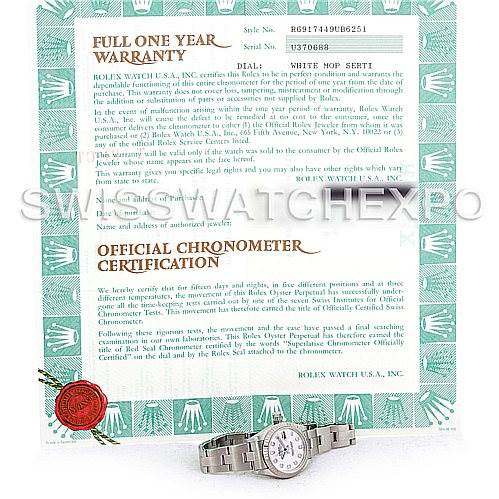 The image shows a Rolex Datejust 69174 Women
s Stainless Steel Mother of Pearl Dial 69174 Women
s Stainless Steel Mother of Pearl Dial watch positioned below its full one-year warranty and official chronometer certification.