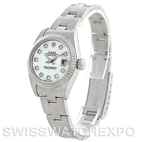 This image shows a side angle of the Rolex Datejust 69174 Women
s Stainless Steel Mother of Pearl Dial 69174 Women
s Stainless Steel Mother of Pearl Dial watch, highlighting its face, bezel, crown, and bracelet.