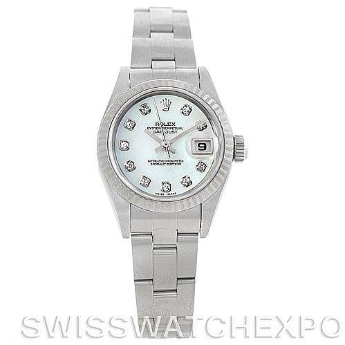 This image shows a frontal view of a Rolex Datejust 69174 Women
s Stainless Steel Mother of Pearl Dial 69174 Women
s Stainless Steel Mother of Pearl Dial watch, displaying the face, bracelet, and the date window.