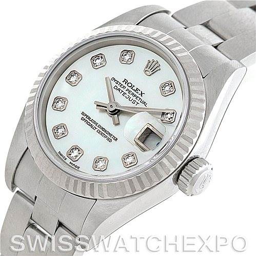 This image shows a close-up of a Rolex Datejust 69174 Women
s Stainless Steel Mother of Pearl Dial 69174 Women
s Stainless Steel Mother of Pearl Dial watch focused on the face, bezel, crown, and part of the bracelet.