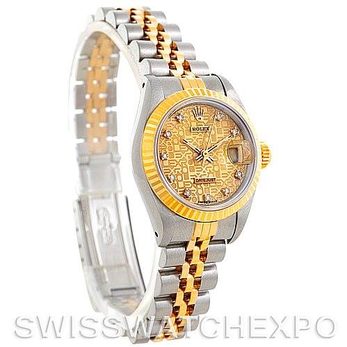 This image shows a Rolex Datejust 69173 Women's Stainless Steel Champagne Dial 69173 Women's Stainless Steel Champagne Dial watch at a three-quarter front view, highlighting its bracelet, clasp, and face.