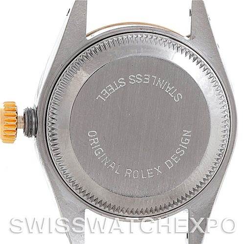 The image shows the back case and crown of a Rolex Datejust 69173 Women's Stainless Steel Champagne Dial 69173 Women's Stainless Steel Champagne Dial watch, displaying "stainless steel" and "original Rolex design."